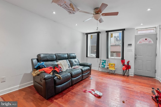 1847 Gerritt St, Philadelphia, PA 19146 - living area with hardwood / wood-style floors, a ceiling fan, and recessed lighting