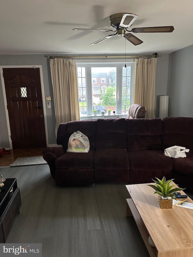 3432 Hartel Ave, Philadelphia, PA 19136 - living room with dark wood-style floors and a ceiling fan