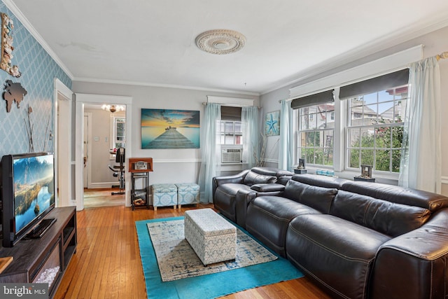 114 Walsh Rd, Lansdowne, PA 19050 - living area featuring ornamental molding, light wood-style floors, cooling unit, and wallpapered walls