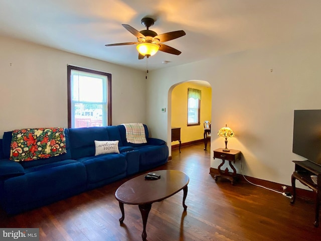 2634 Yorkway, Baltimore, MD 21222 - living room with arched walkways, healthy amount of natural light, wood finished floors, and ceiling fan