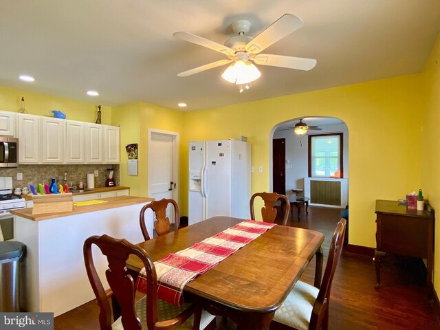 2634 Yorkway, Baltimore, MD 21222 - dining space with a ceiling fan, arched walkways, dark wood finished floors, and recessed lighting