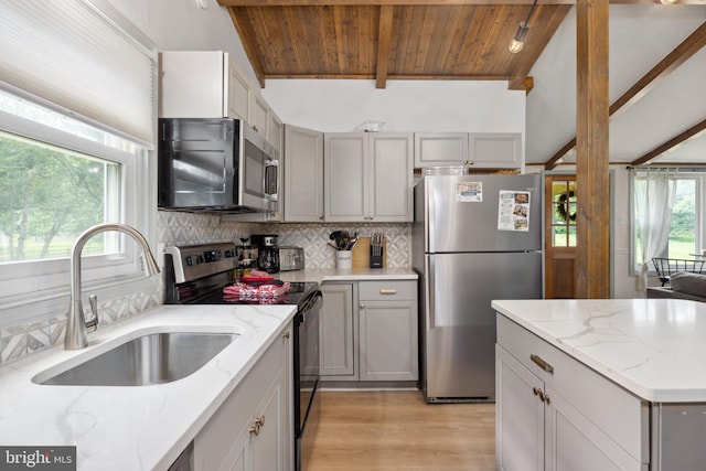 1945 Shenandoah Springs Ln, Elkton, VA 22827 - kitchen featuring stainless steel appliances, wooden ceiling, gray cabinetry, backsplash, and light wood-style flooring