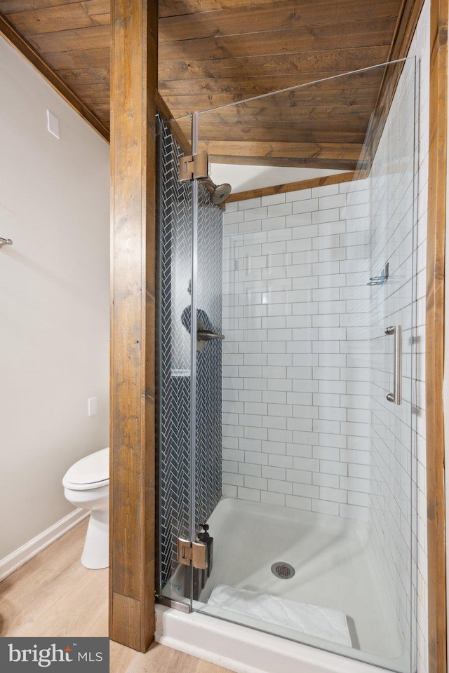 1945 Shenandoah Springs Ln, Elkton, VA 22827 - bathroom featuring wooden ceiling, a stall shower, and wood finished floors