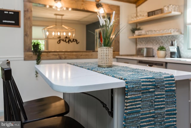 1945 Shenandoah Springs Ln, Elkton, VA 22827 - bar area featuring a chandelier, pendant lighting, and backsplash