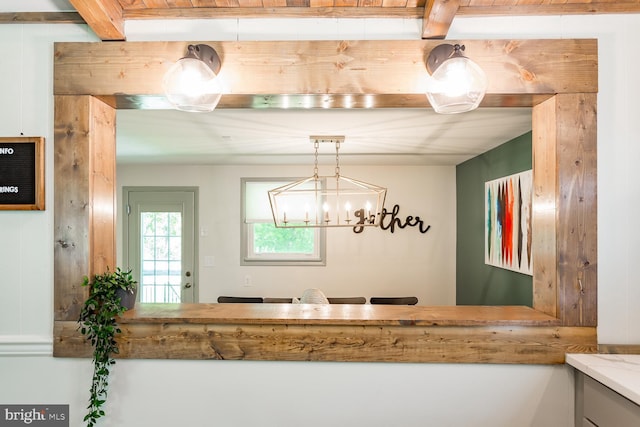 1945 Shenandoah Springs Ln, Elkton, VA 22827 - kitchen with a chandelier, beam ceiling, and hanging light fixtures