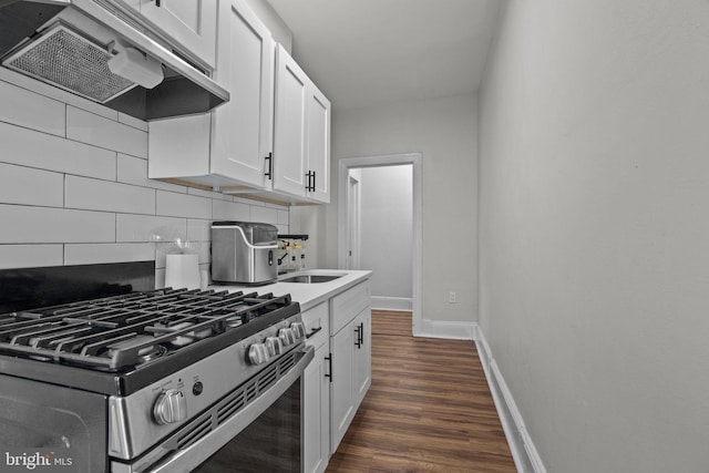 400 E Vernon Rd, Philadelphia, PA 19119 - kitchen featuring gas range, ventilation hood, decorative backsplash, white cabinetry, and dark wood-style floors