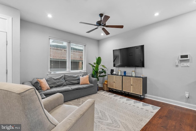 1837 N Palethorp St, Philadelphia, PA 19122 - living room with ceiling fan, dark wood-style floors, and recessed lighting