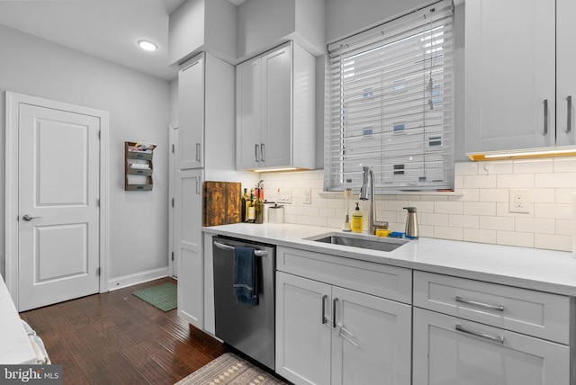 1837 N Palethorp St, Philadelphia, PA 19122 - kitchen with dishwasher, dark wood-style flooring, decorative backsplash, white cabinetry, and recessed lighting