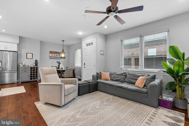 1837 N Palethorp St, Philadelphia, PA 19122 - living room with bar, recessed lighting, dark wood-style floors, beverage cooler, and a ceiling fan