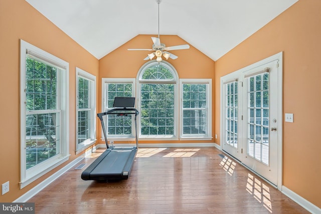 1340 Mountain View Rd, Stafford, VA 22554 - workout room featuring hardwood / wood-style flooring, ceiling fan, and vaulted ceiling