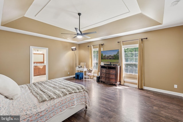 1340 Mountain View Rd, Stafford, VA 22554 - bedroom with a raised ceiling, wood finished floors, ensuite bath, and ceiling fan
