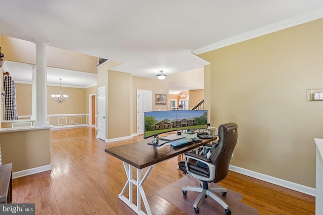 1340 Mountain View Rd, Stafford, VA 22554 - office area with decorative columns, ornamental molding, wood-type flooring, and a chandelier