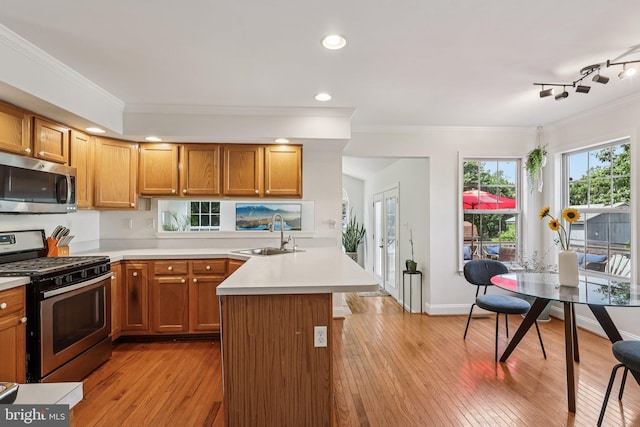 2640 E Colonial Dr, Upper Chichester, PA 19061 - kitchen featuring appliances with stainless steel finishes, ornamental molding, light countertops, light wood-type flooring, and a peninsula