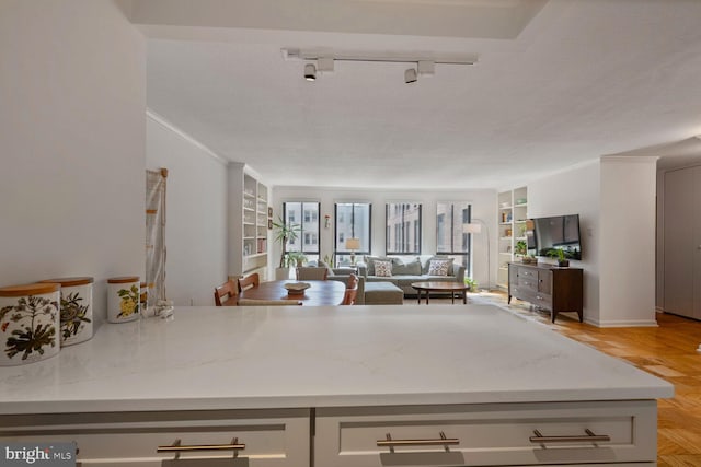 1280 21st St NW Unit 410, Washington, DC 20036 - kitchen featuring open floor plan, rail lighting, crown molding, light stone countertops, and light wood-style floors