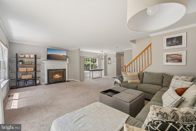 814 Amber Ln, West Chester, PA 19382 - living area with light carpet, a chandelier, ornamental molding, stairway, and a fireplace with flush hearth