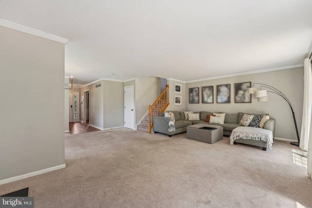 814 Amber Ln, West Chester, PA 19382 - living area featuring carpet flooring, stairs, and ornamental molding