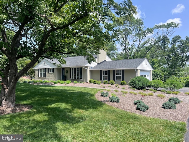 9534 Longview Dr, Ellicott City, MD 21042 - ranch-style home featuring a chimney, a front yard, and roof with shingles
