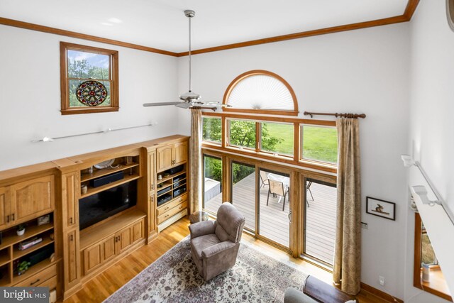 558 Skippack Pike, Blue Bell, PA 19422 - living room featuring light wood-style floors, ornamental molding, and a ceiling fan
