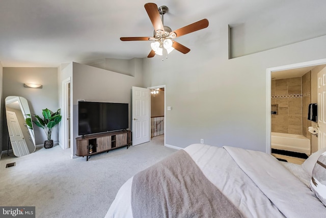 9009 Marie Ct, Lorton, VA 22079 - bedroom with carpet, ensuite bath, a ceiling fan, high vaulted ceiling, and arched walkways