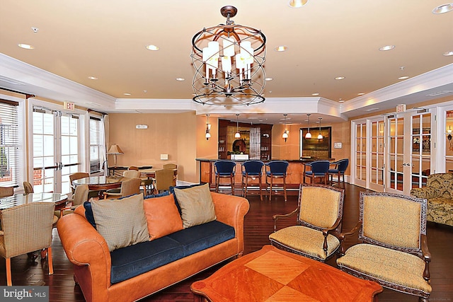2655 Prosperity Ave Unit 100, Fairfax, VA 22031 - living area featuring crown molding, french doors, wood finished floors, a tray ceiling, and recessed lighting