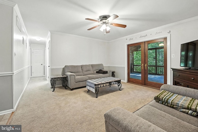 7491 Slagle Ln, Manassas, VA 20111 - living area with french doors, ornamental molding, a ceiling fan, and carpet floors