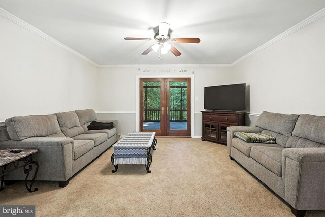 7491 Slagle Ln, Manassas, VA 20111 - carpeted living room featuring french doors, crown molding, and a ceiling fan