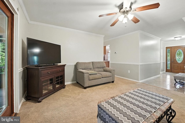 7491 Slagle Ln, Manassas, VA 20111 - living room with ornamental molding, light colored carpet, and ceiling fan
