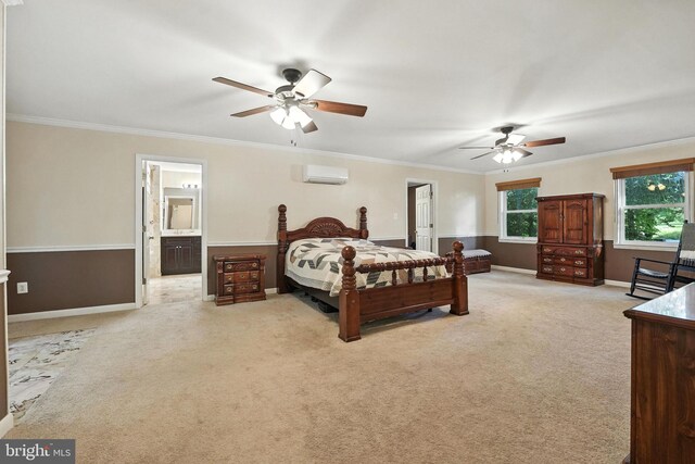 7491 Slagle Ln, Manassas, VA 20111 - bedroom with a wall unit AC, carpet, ornamental molding, a ceiling fan, and connected bathroom