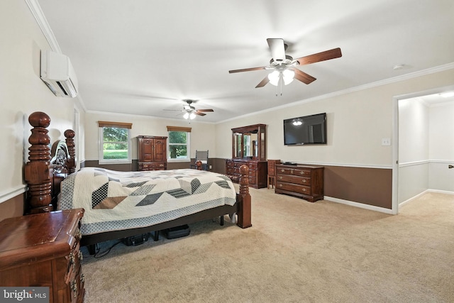 7491 Slagle Ln, Manassas, VA 20111 - bedroom featuring a wall unit AC, light colored carpet, crown molding, and ceiling fan