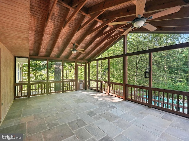 7491 Slagle Ln, Manassas, VA 20111 - unfurnished sunroom featuring a ceiling fan, lofted ceiling, and healthy amount of natural light
