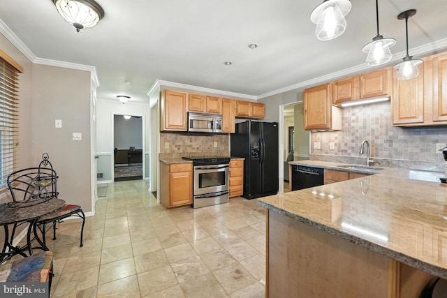 7491 Slagle Ln, Manassas, VA 20111 - kitchen with black appliances, tasteful backsplash, ornamental molding, light stone counters, and pendant lighting