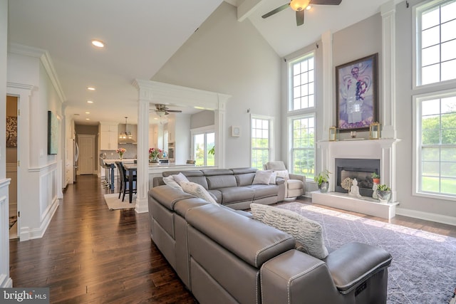 14 Stanley Dr, Monroe Township, NJ 08831 - living room with a ceiling fan, dark wood-type flooring, a fireplace with raised hearth, high vaulted ceiling, and recessed lighting