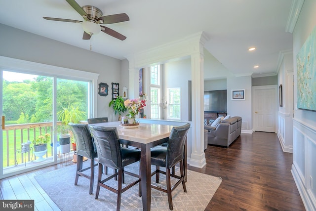 14 Stanley Dr, Monroe Township, NJ 08831 - dining area with crown molding, dark wood-style flooring, ceiling fan, and recessed lighting
