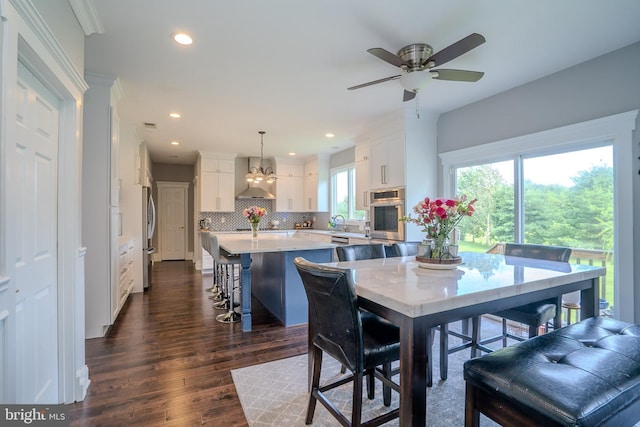 14 Stanley Dr, Monroe Township, NJ 08831 - dining space featuring dark wood finished floors, a ceiling fan, and recessed lighting