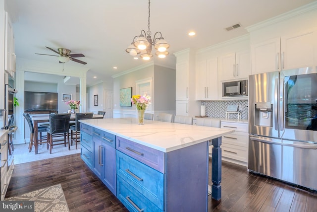 14 Stanley Dr, Monroe Township, NJ 08831 - kitchen featuring stainless steel fridge with ice dispenser, white cabinets, black microwave, dark wood-style floors, and recessed lighting
