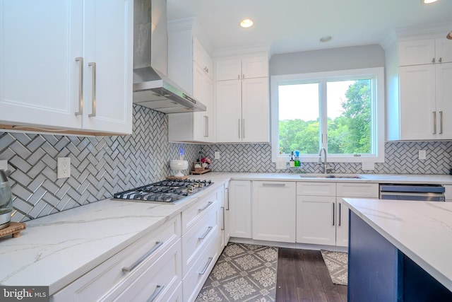 14 Stanley Dr, Monroe Township, NJ 08831 - kitchen with wall chimney exhaust hood, appliances with stainless steel finishes, white cabinetry, and recessed lighting