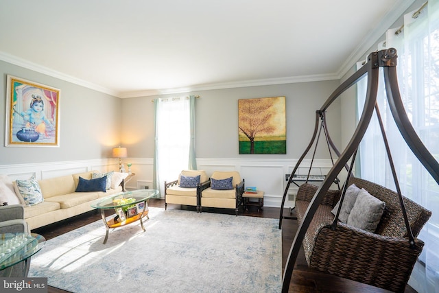 14 Stanley Dr, Monroe Township, NJ 08831 - living room with wood finished floors, ornamental molding, and wainscoting
