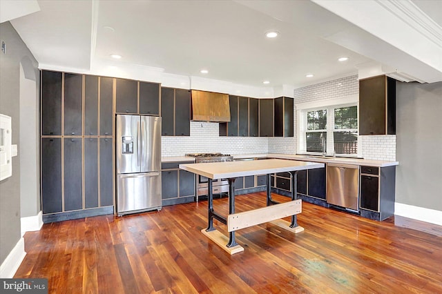 127 Spruce St, Middletown, PA 17057 - kitchen with stainless steel appliances, custom exhaust hood, decorative backsplash, dark wood-style floors, and recessed lighting