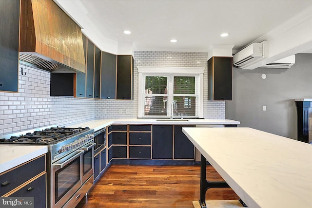 127 Spruce St, Middletown, PA 17057 - kitchen with stainless steel appliances, premium range hood, dark wood-style flooring, tasteful backsplash, and light countertops