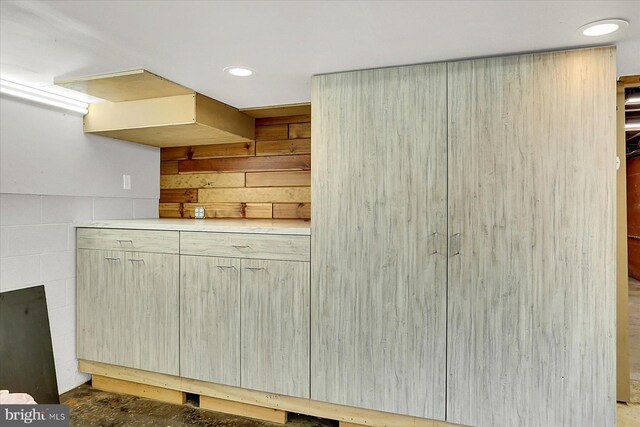 127 Spruce St, Middletown, PA 17057 - kitchen featuring concrete block wall, light countertops, and recessed lighting