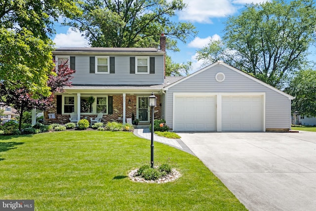 127 Sandringham Rd, Cherry Hill, NJ 08003 - view of front of property featuring a chimney, concrete driveway, an attached garage, a front lawn, and covered porch