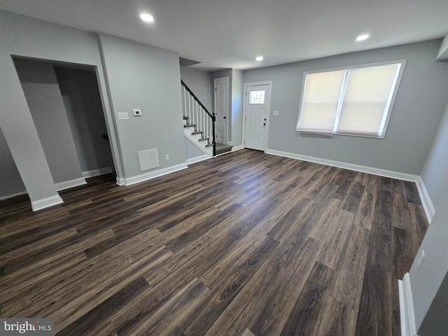 940 E 41st St, Baltimore, MD 21218 - foyer with stairway, dark wood-style floors, and recessed lighting