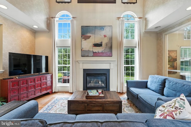 28 White Birch Blvd, Bear, DE 19701 - living area featuring a towering ceiling, wallpapered walls, a glass covered fireplace, and wood finished floors