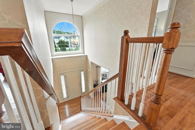 28 White Birch Blvd, Bear, DE 19701 - entrance foyer featuring wallpapered walls, wood finished floors, stairs, and ornamental molding