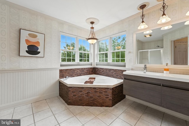 28 White Birch Blvd, Bear, DE 19701 - full bathroom with vanity, a bath, tile patterned flooring, wallpapered walls, and a shower stall