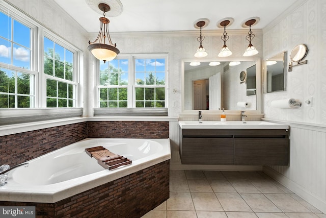 28 White Birch Blvd, Bear, DE 19701 - bathroom with double vanity, a garden tub, tile patterned floors, wallpapered walls, and a wainscoted wall
