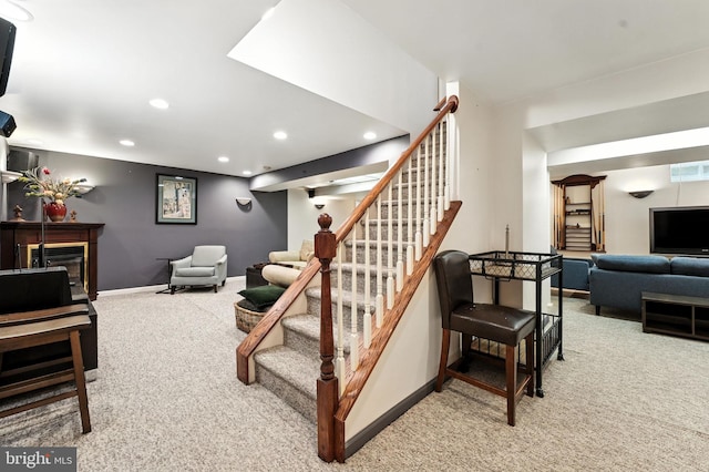 28 White Birch Blvd, Bear, DE 19701 - staircase with carpet flooring, recessed lighting, and a glass covered fireplace