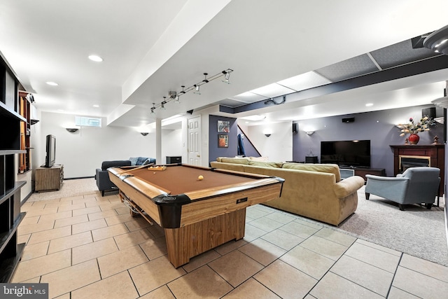 28 White Birch Blvd, Bear, DE 19701 - playroom featuring rail lighting, light tile patterned floors, billiards, light colored carpet, and recessed lighting