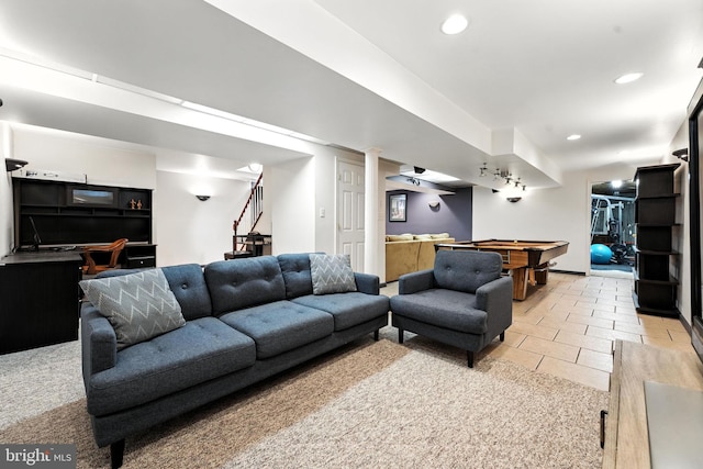 28 White Birch Blvd, Bear, DE 19701 - living room featuring billiards table, stairs, light tile patterned flooring, and recessed lighting