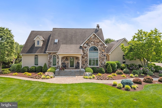 336 Lincoln Rd, Pilesgrove, NJ 08098 - view of front facade featuring stone siding, stucco siding, a front lawn, and a chimney